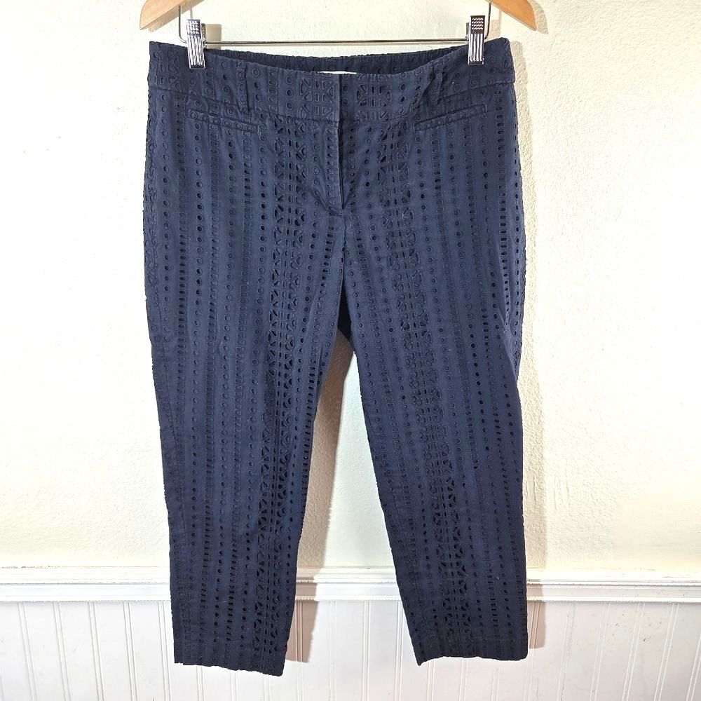 LOFT Women's The Rivera Print Dark Blue Eyelet Capri Cropped Pants 8P